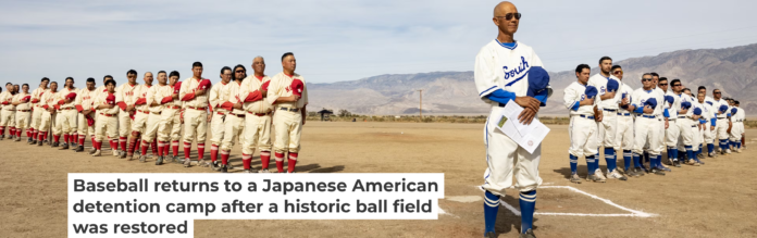 In a 2024 exhibition game at Manzanar, players – many of them descendants of internment camp detainees – donned custom 1940s-style uniforms. Aaron Rapoport, CC BY-SA